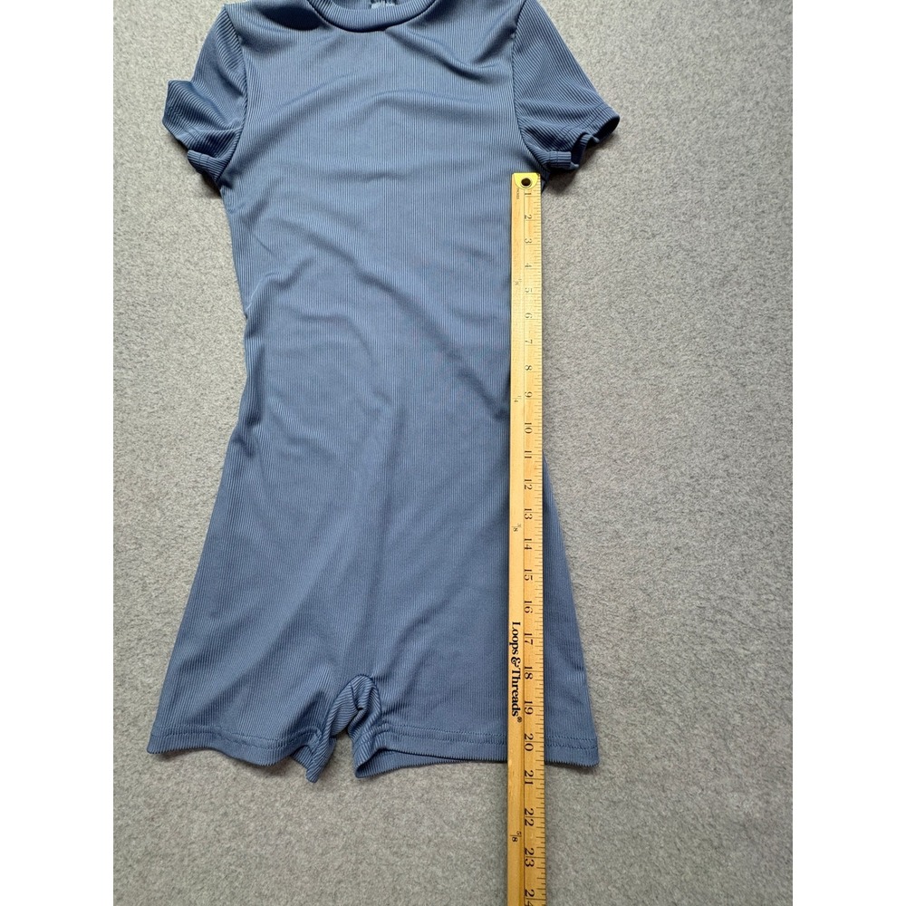 Ribbed Mock Neck Short Sleeve Romper Dusty Blue XS Athleisure Bodycon Jumpsuit - Picture 7 of 14